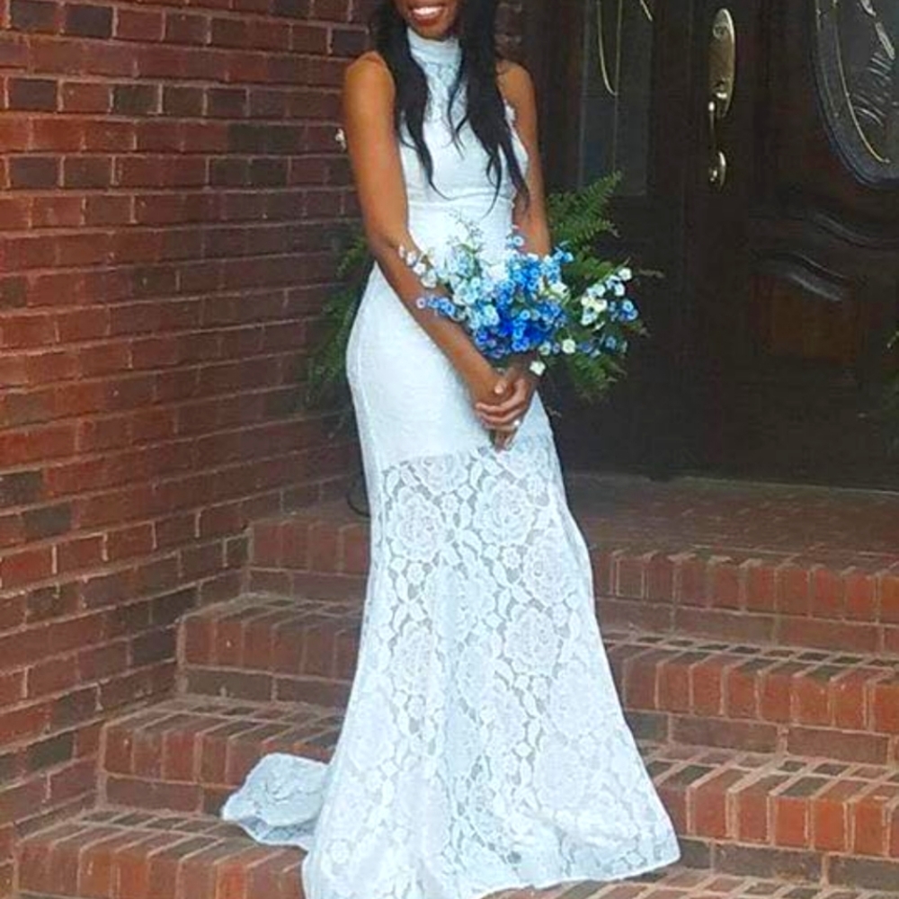 Off-White Sleeveless High Neck Wedding Dress. Size 2. Betsy & Adam.
